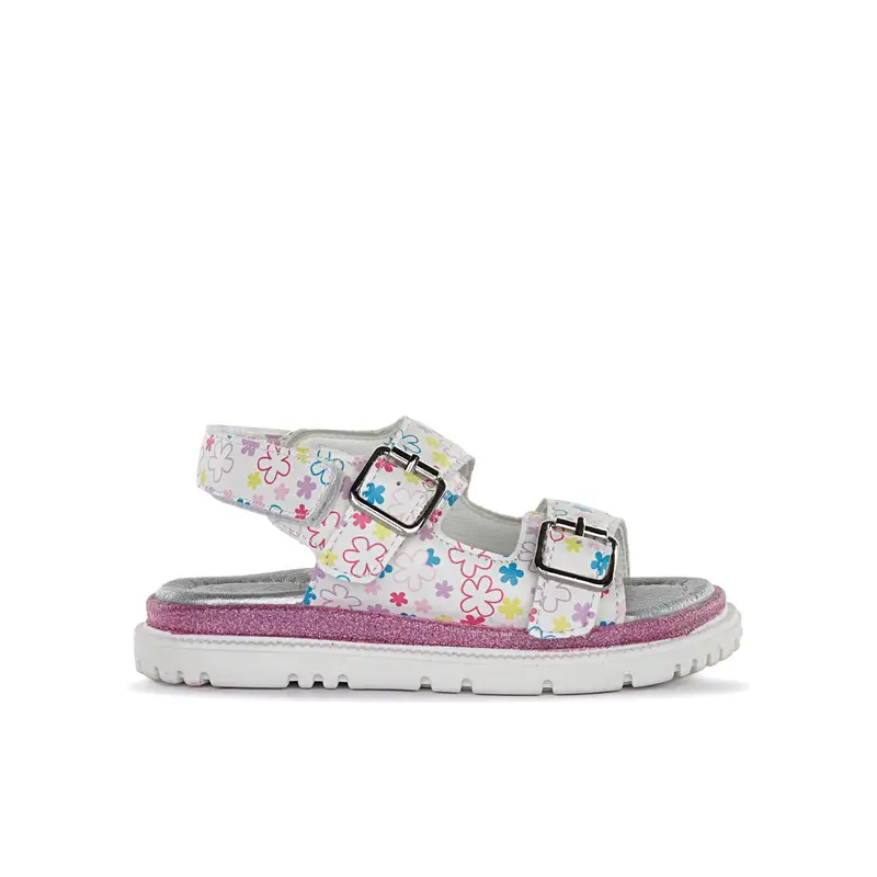 ALESYA GIRL Sandali bianchi da bambina stampa fiori colorati con doppia fibbia e cinturino con velcro