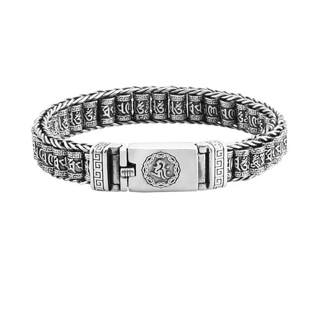 Nuovo argento fatto a mano passepartout trasferimento perline uomo donna braccialetto vintage buddista mantra a sei caratteri catena cilindrica girevole 20cm