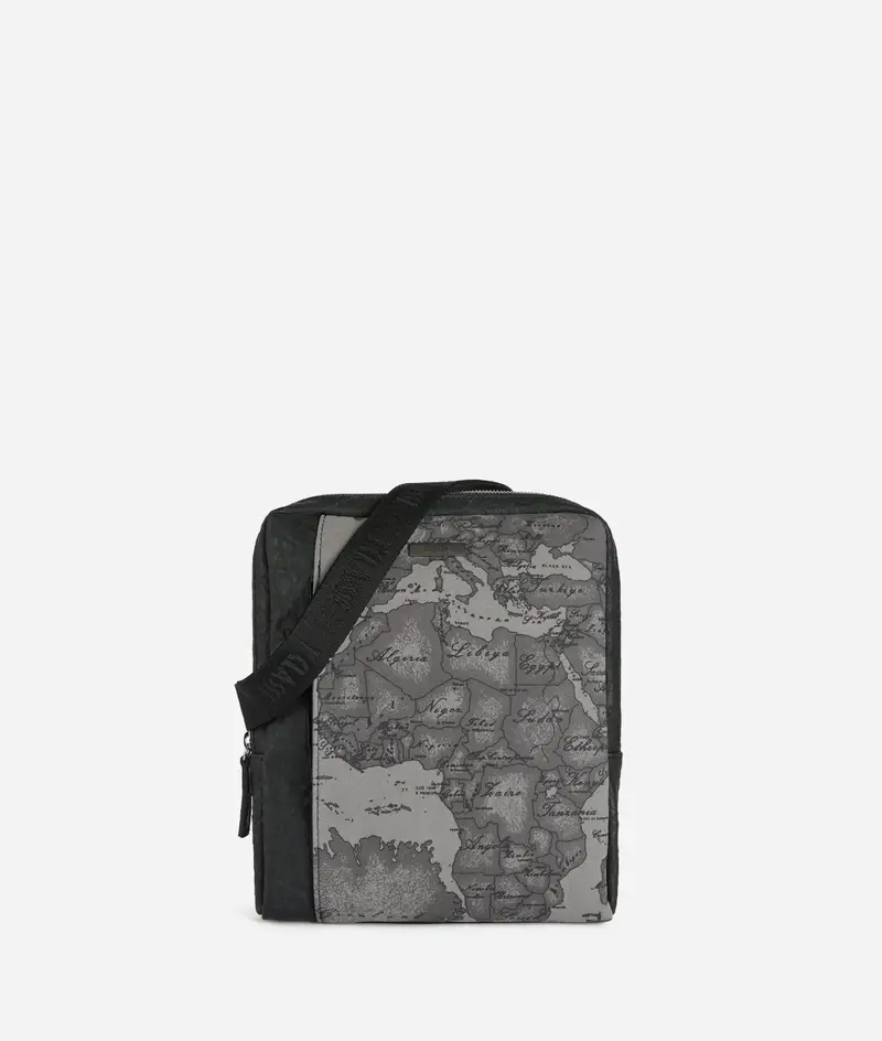 Alviero Martini Tracolla reporter grande in tessuto nabuk Geo Antracite Nera