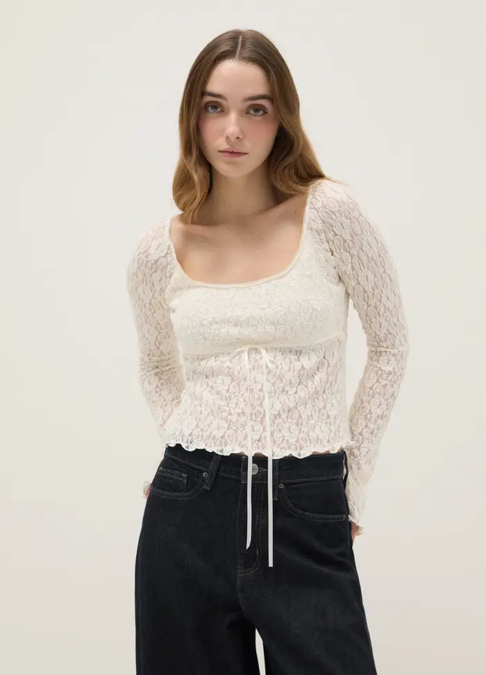 Maglia A Maniche Lunghe Bianca Con Pizzo, Donna, Bianco