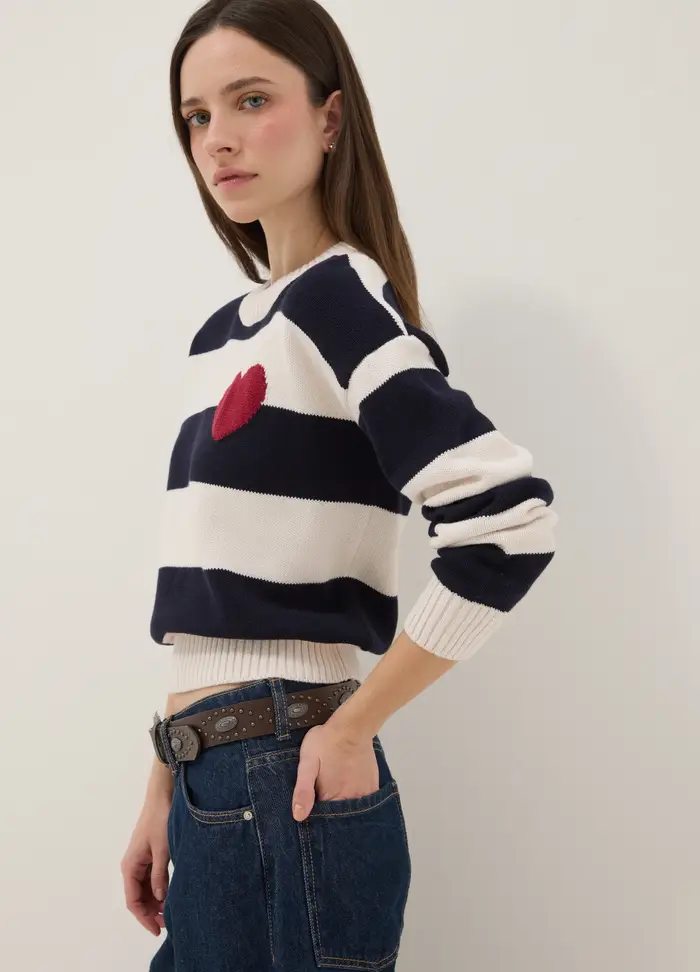 Maglia In Misto Cotone A Righe Multicolor Regular Fit Con Cuore, Donna, Multicolor
