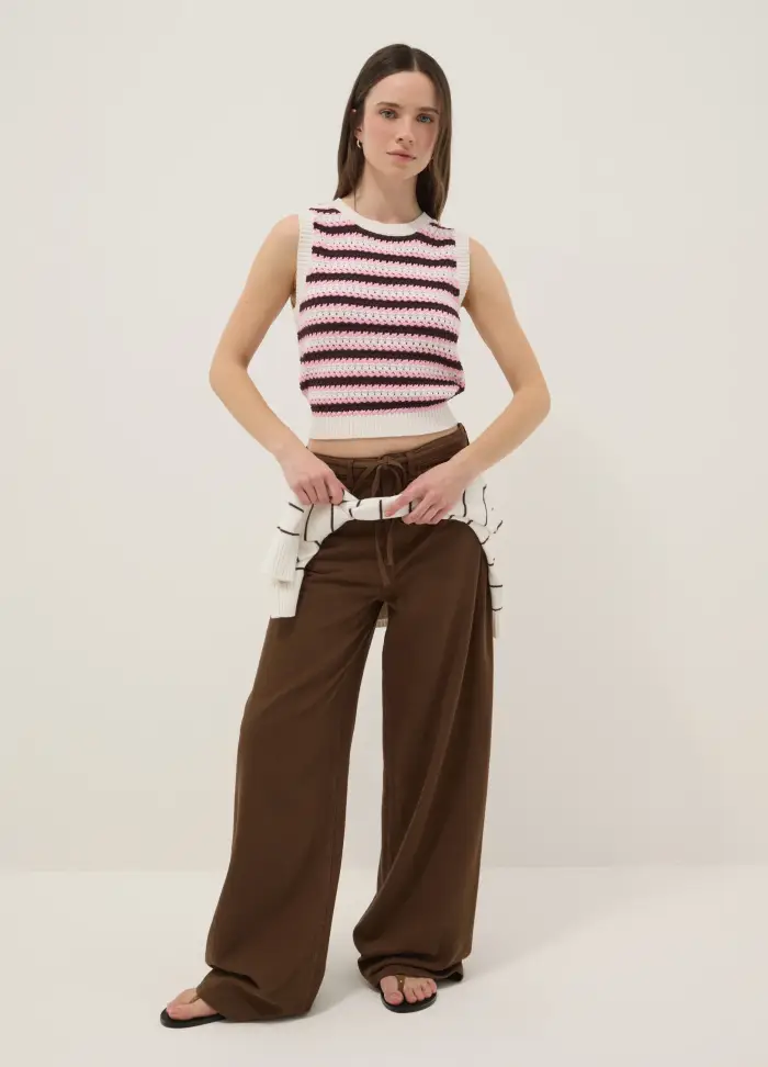 Pantaloni In Puro Cotone Marroni Wide Leg, Donna, Marrone