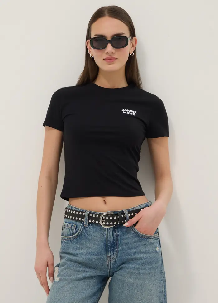 T-shirt In Puro Cotone Nero Slim Fit Con Scritta, Donna, Nero