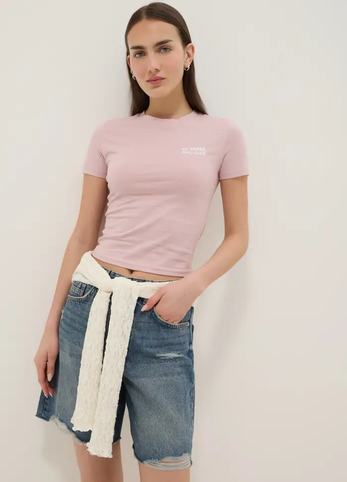T-shirt In Puro Cotone Rosa Slim Fit Con Scritta, Donna, Rosa
