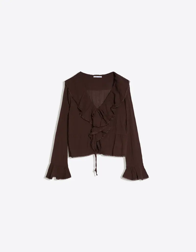 Bershka Camicetta Maniche Lunghe Rustica Con Volant Donna Marrone