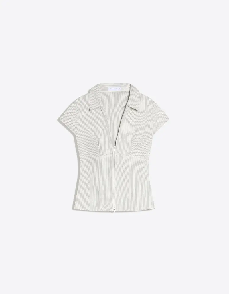 Bershka Camicia A Maniche Corte Con Stampa E Cerniera Donna Avorio