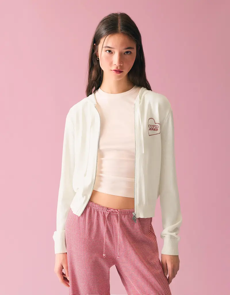 Bershka Felpa Zip Cappuccio Stampa Donna Avorio