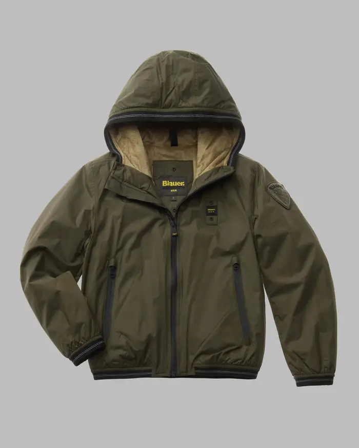 Giacca Blauer militare in nylon con cappuccio ed interno ecopelliccia cammello