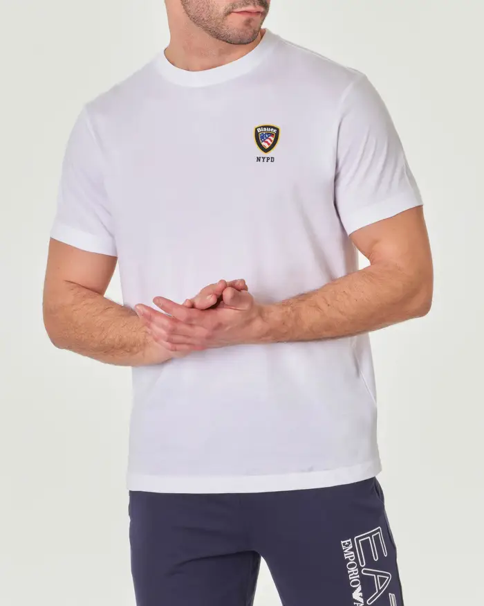 T-shirt bianca mezza manica con logo scudetto piccolo stampato