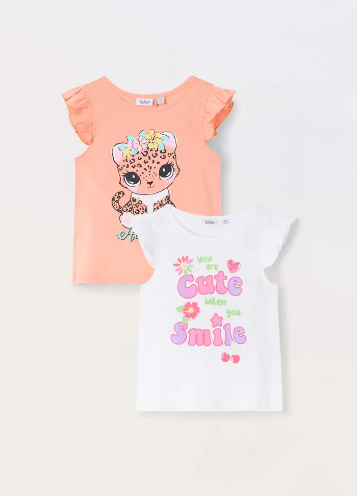 Pack 2 Canotte Con Rouches Bambina, Bianco/Arancione
