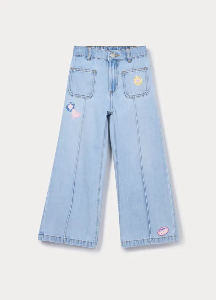 Pantaloni Wide Leg In Denim Misto Cotone Bambina, Azzurro chiaro