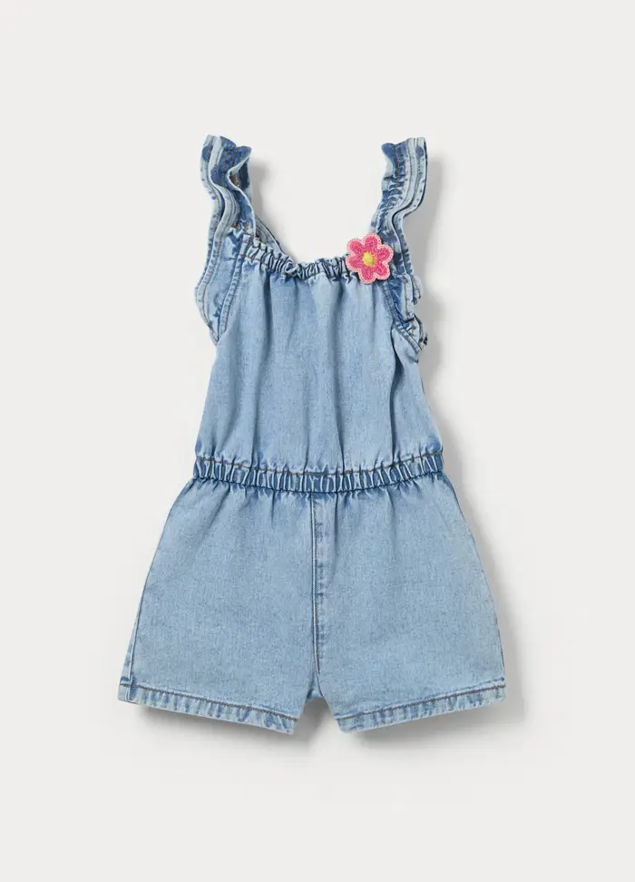 Salopette In Denim Di Puro Cotone Bambina, Azzurro chiaro