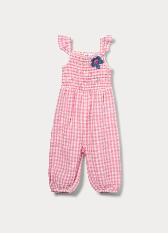 Blukids Salopette In Puro Cotone Seersucker Bimba, Bambina, Bianco/Rosa