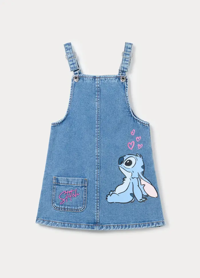 Salopette Vestito Disney In Denim Di Puro Cotone Bambina, Blu denim