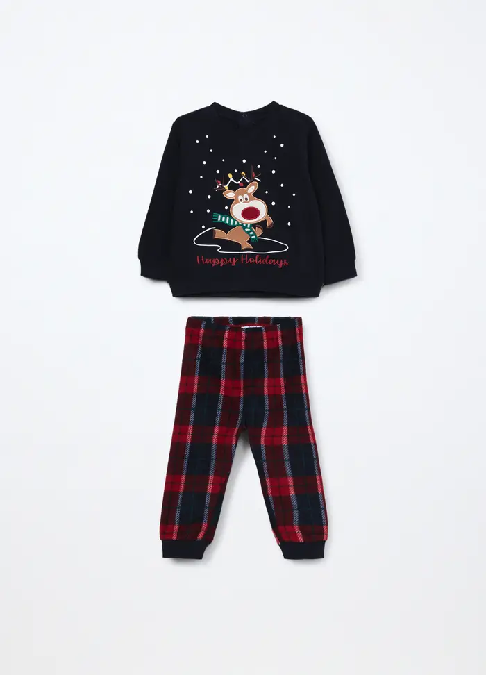 Set Pigiama Lungo In Pile Neonato, Unisex, Blu navy