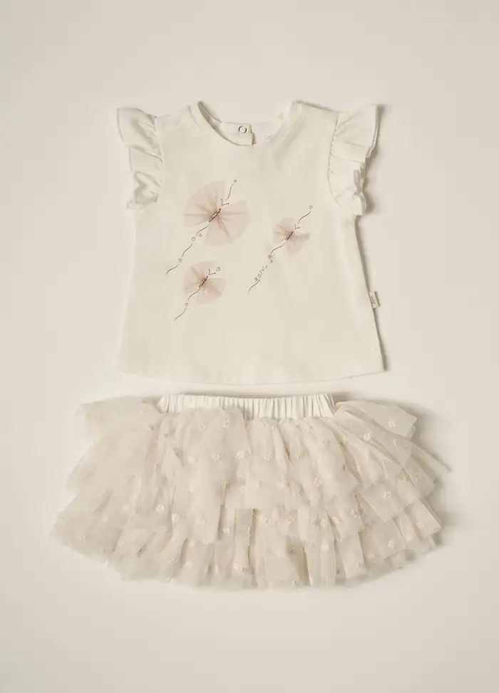 Set T-shirt + Gonna In Tulle Iana Neonata, Bianco gesso