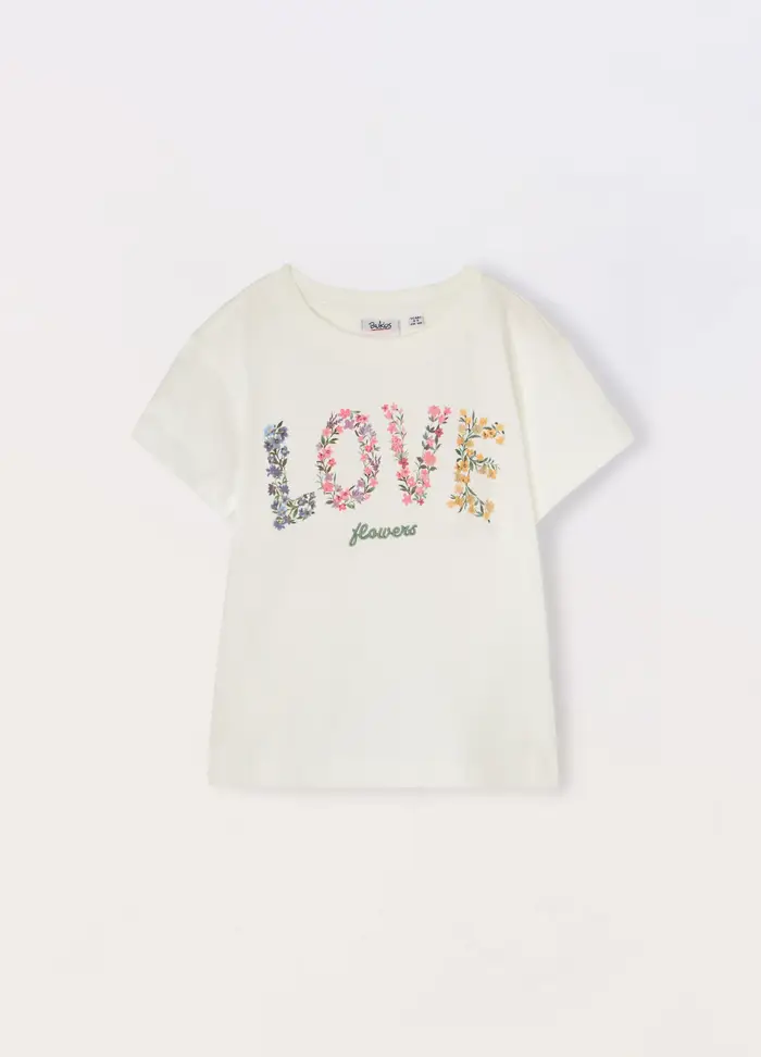 T-shirt In Jersey Di Puro Cotone Bambina, Bianco panna