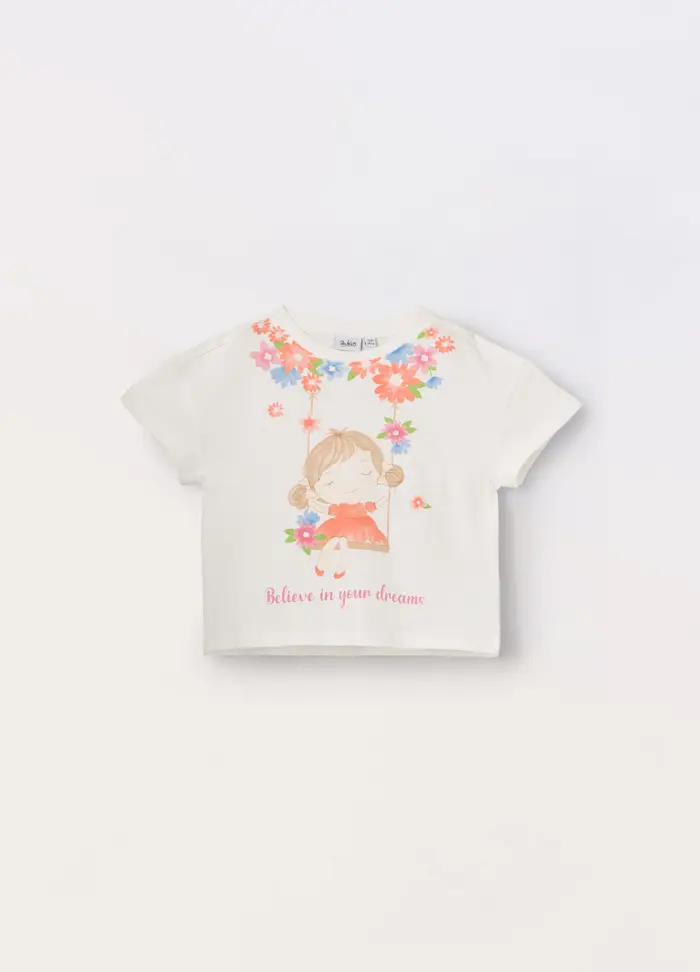 T-shirt In Jersey Di Puro Cotone Neonata, Bambino, Bianco panna
