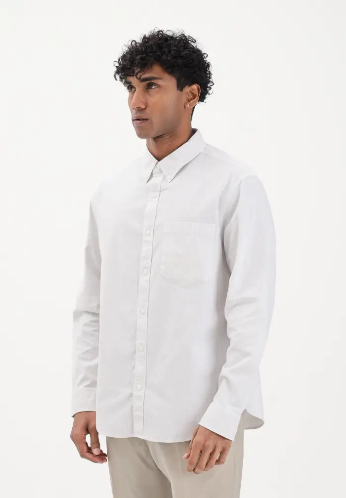 Camicia a manica lunga bianca da uomo con fantasia a righe sottili beige