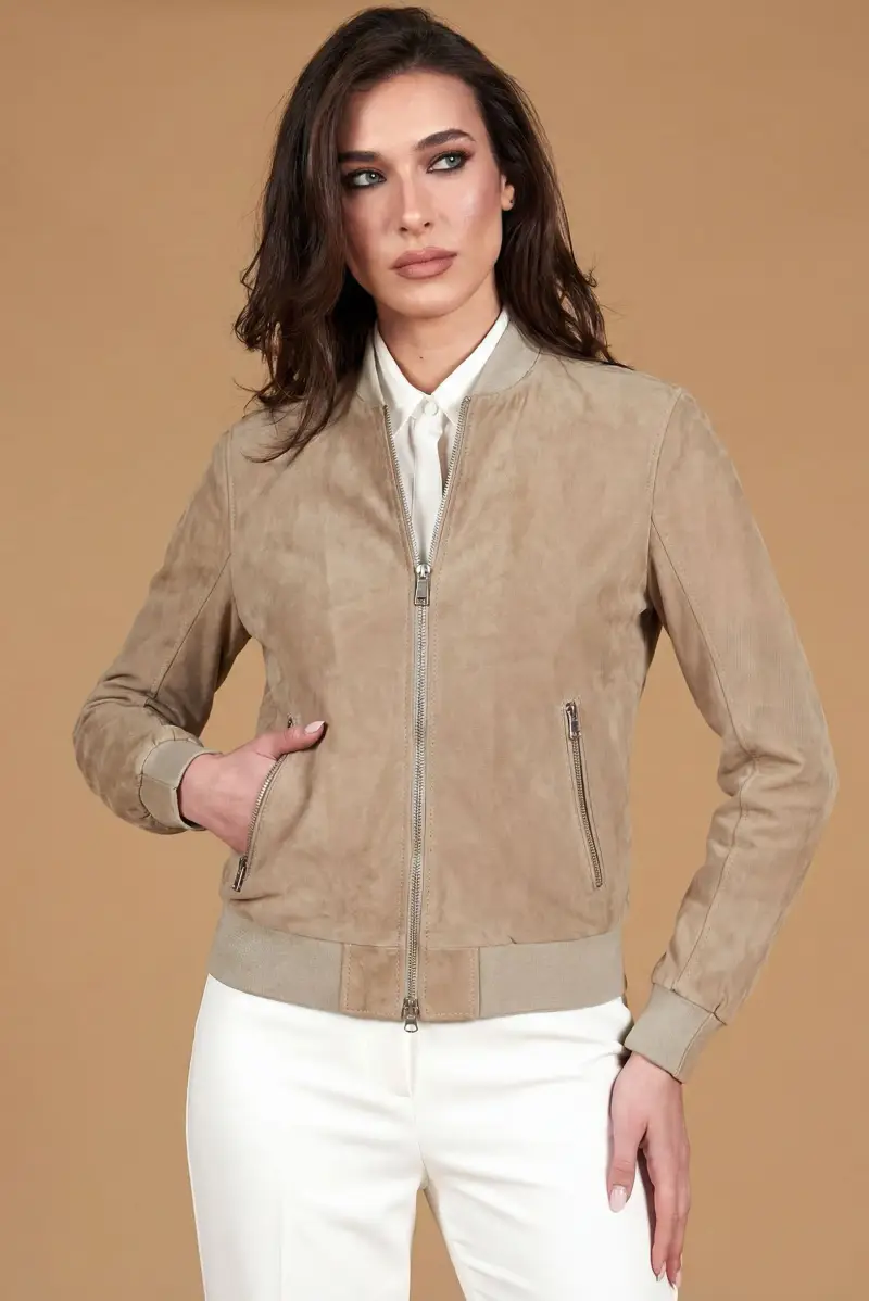 D Arienzo Bomber in pelle camoscio colore sabbia collo banana, Seleziona Beige