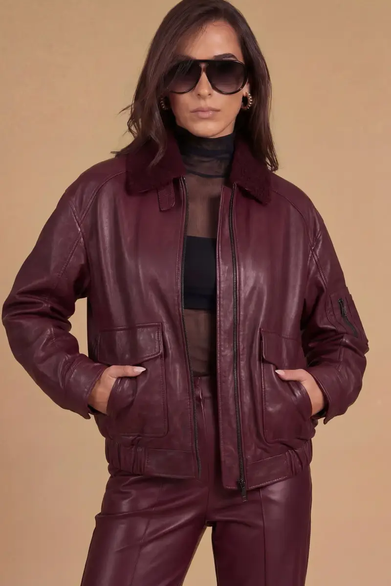 D Arienzo Bomber oversize in pelle bordeaux con colletto in montone staccabile, Seleziona Vinaccio
