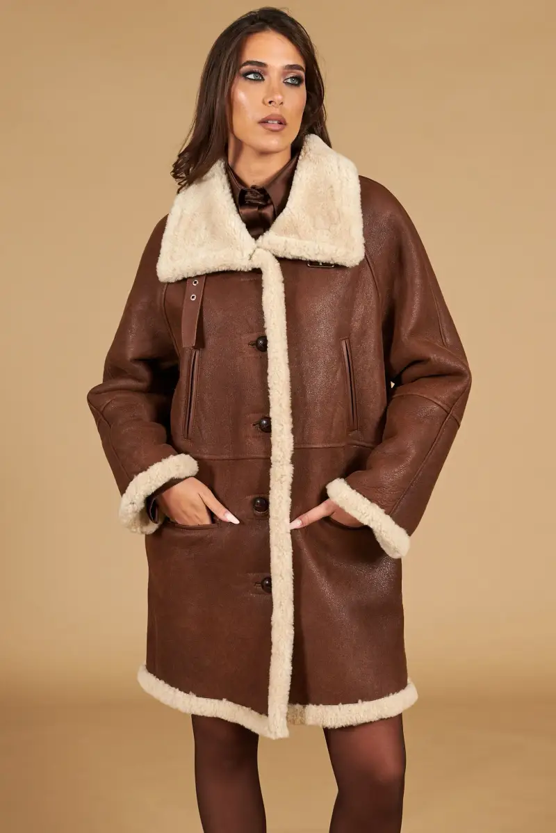 D Arienzo Cappottino in montone colore cuoio colletto camicia, Seleziona Cuoio