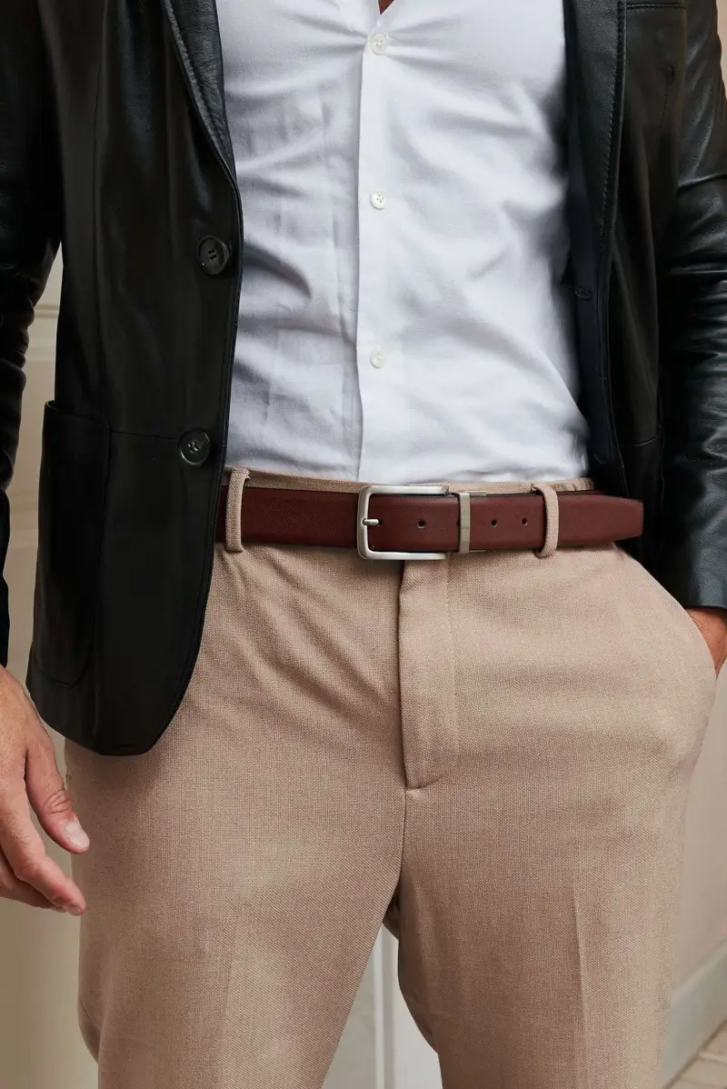 D Arienzo Cintura uomo in pelle di vitello saffiano nero marrone reversibile con fibbia girevole, Seleziona Nero/Marrone