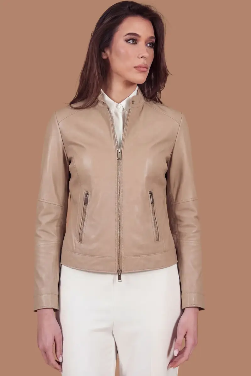 D Arienzo Giacca biker in pelle color sabbia effetto liscio due tasche, Seleziona Beige