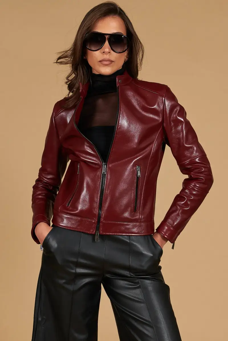 D Arienzo Giacca biker in pelle naturale rosso ancora effetto liscio, Seleziona Rosso