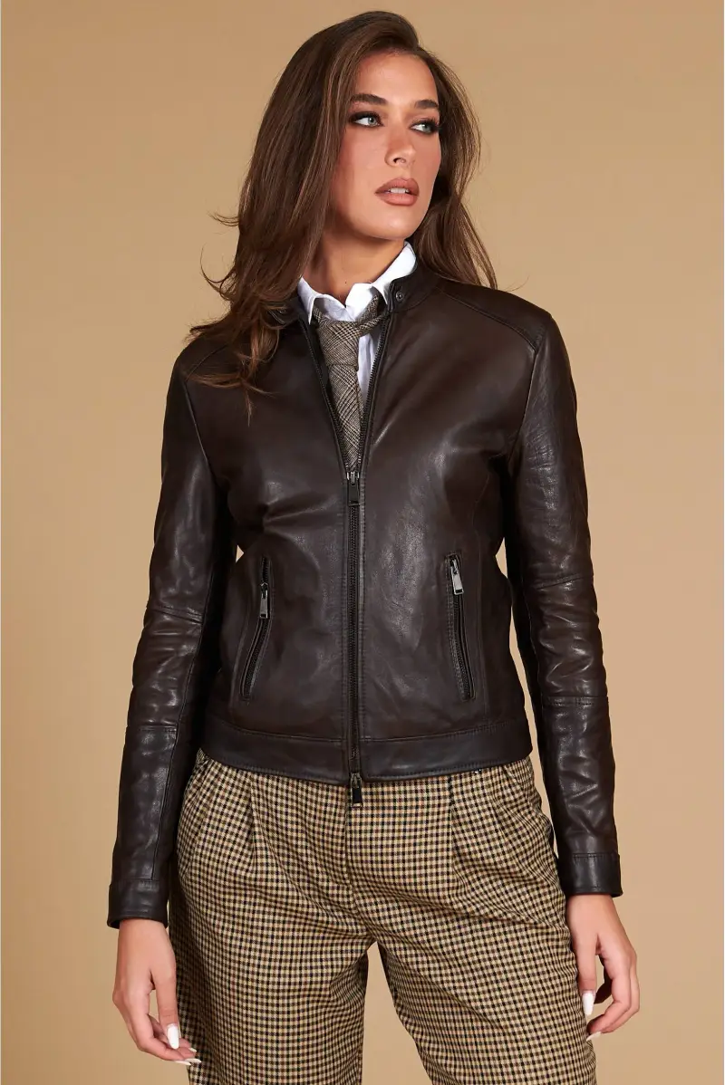 D Arienzo Giacca biker in pelle testa di moro effetto vintage, Seleziona Testa di moro