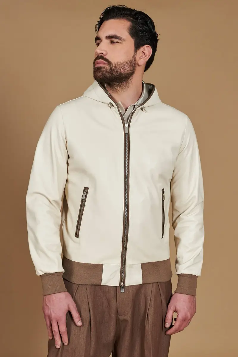 D Arienzo Giacca bomber in pelle color crema con cappuccio, Seleziona Crema