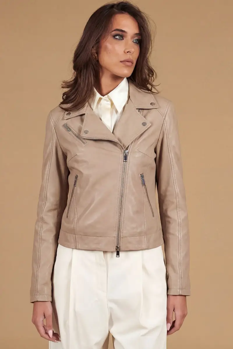 D Arienzo Giacca chiodo in pelle naturale sabbia effetto liscio, Seleziona Beige