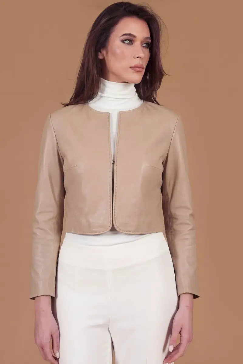 D Arienzo Giacca corta bolero in pelle sabbia manica 3/4, Seleziona Beige