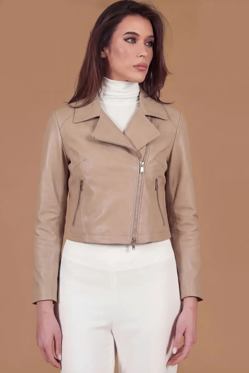 D Arienzo Giacca corta in pelle naturale sabbia stile chiodo, Seleziona Beige