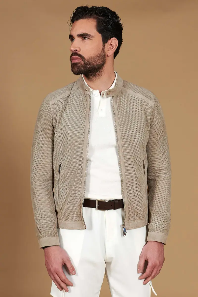 D Arienzo Giacca in camoscio traforato colore sabbia effetto liscio, Seleziona Beige