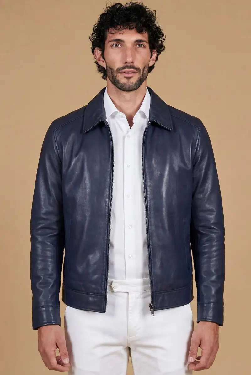 D Arienzo Giacca in pelle blu scuro collo camicia effetto liscio, Seleziona Blu