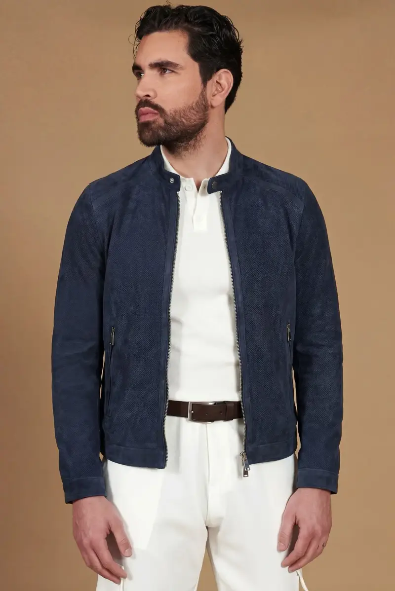 D Arienzo Giacca in pelle camoscio traforato colore blu, Seleziona Blu