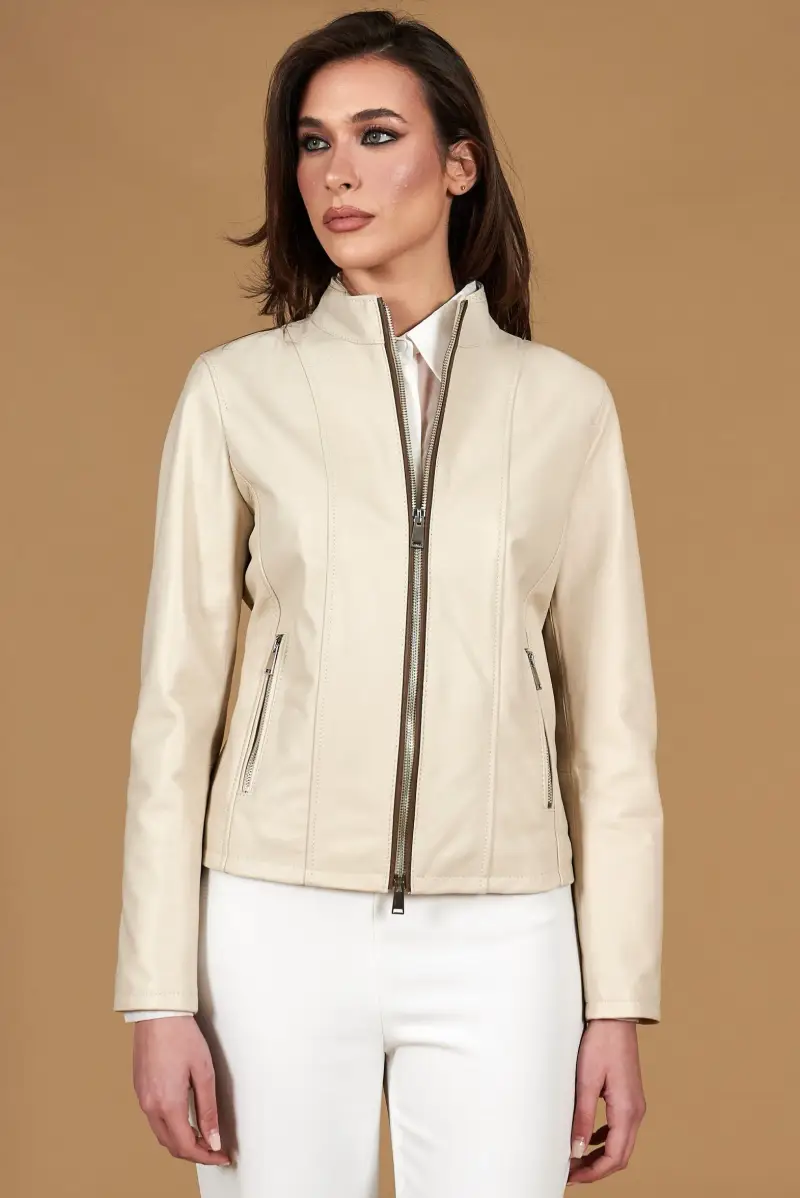 D Arienzo Giacca in pelle color crema profili fango colletto coreana, Seleziona Crema