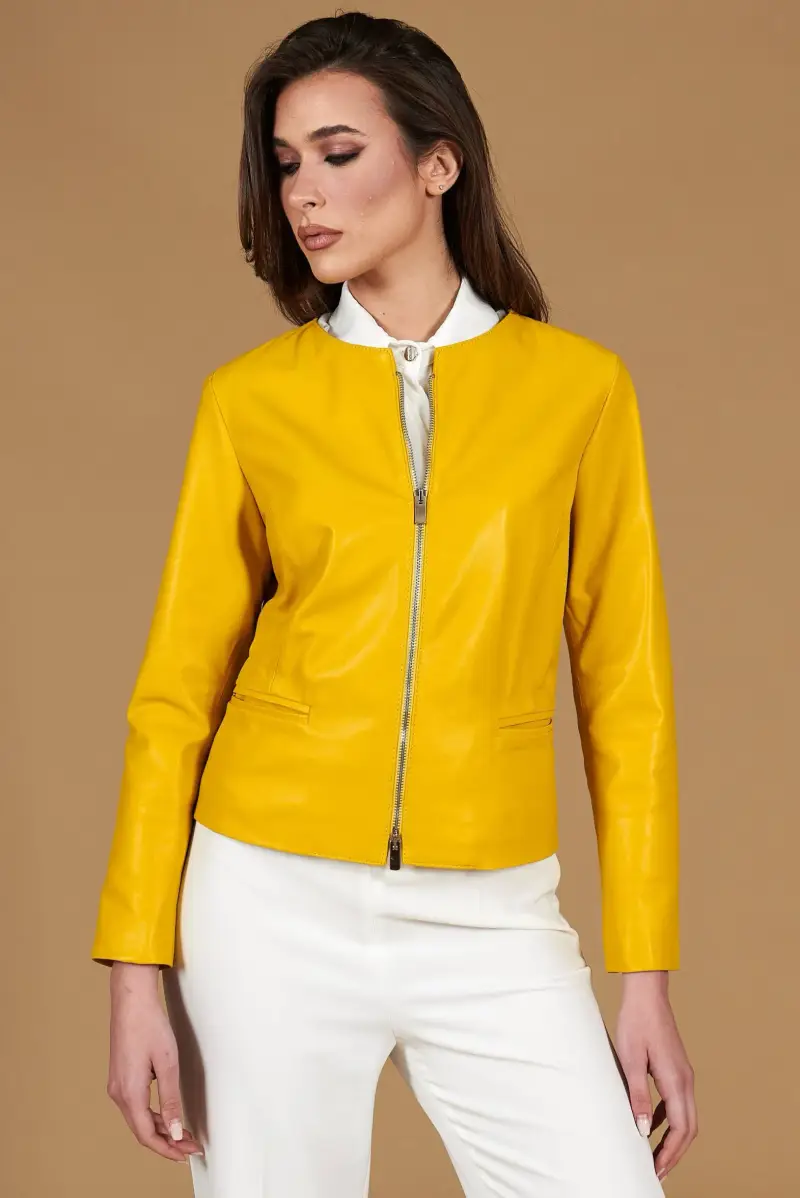 D Arienzo Giacca in pelle naturale giallo effetto liscio con girocollo, Seleziona Giallo