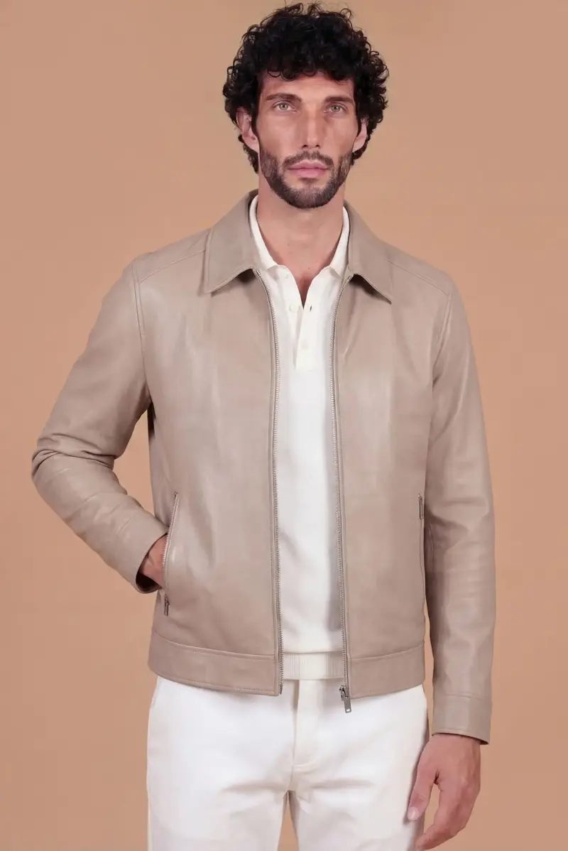 D Arienzo Giacca in pelle naturale sabbia effetto liscio collo camicia, Seleziona Beige