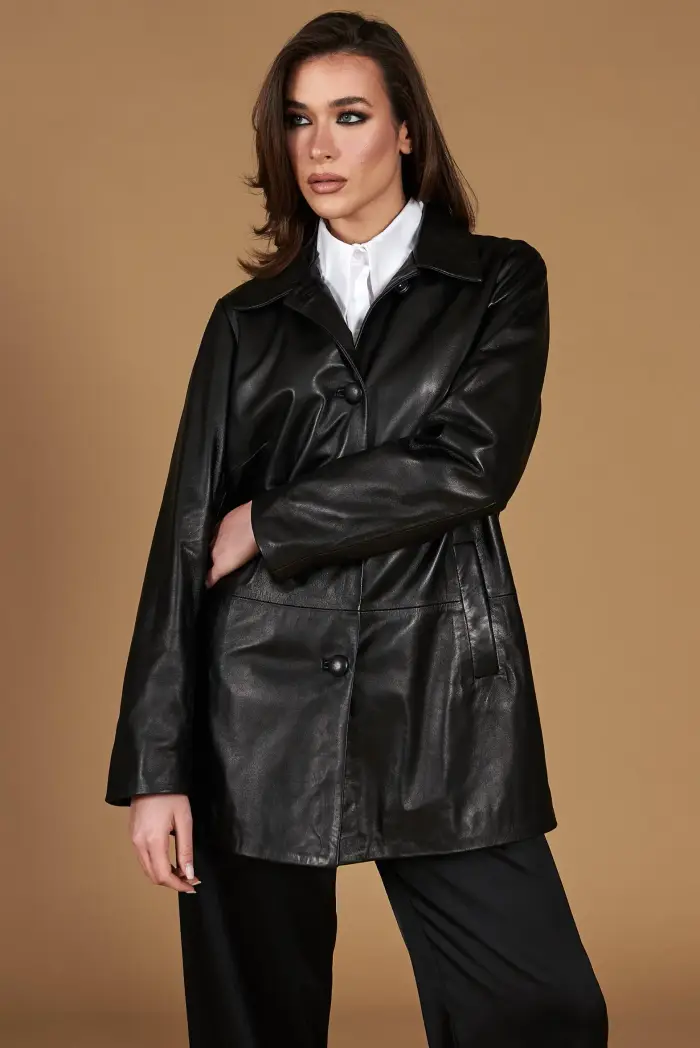 D Arienzo Giacca in pelle nera monopetto versione oversize, Seleziona Nero