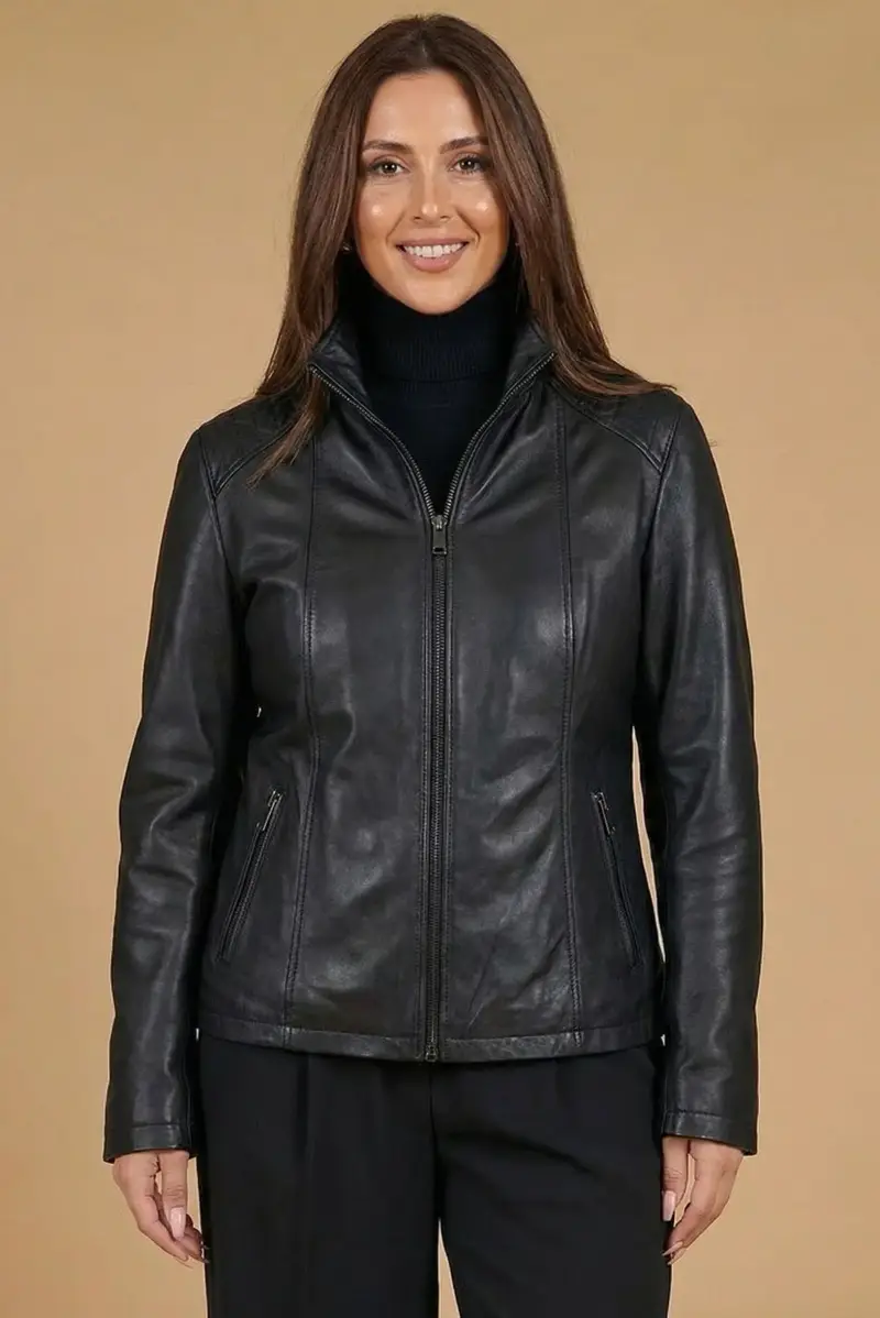 D Arienzo Giacca in pelle nera vestibilità comfort effetto liscio, Seleziona Nero