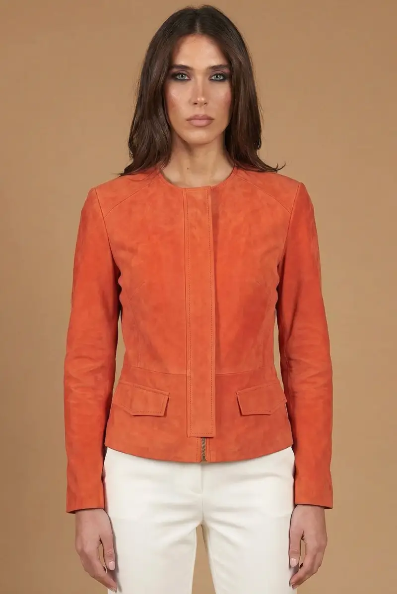 D Arienzo Giacchino in pelle scamosciata arancio con girocollo, Seleziona Arancio