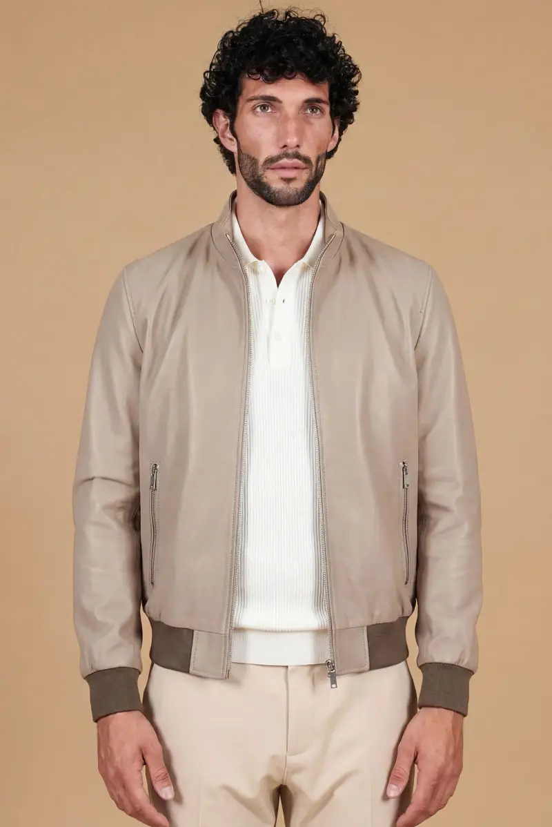 D Arienzo Giubbotto bomber in pelle color sabbia effetto liscio, Seleziona Beige