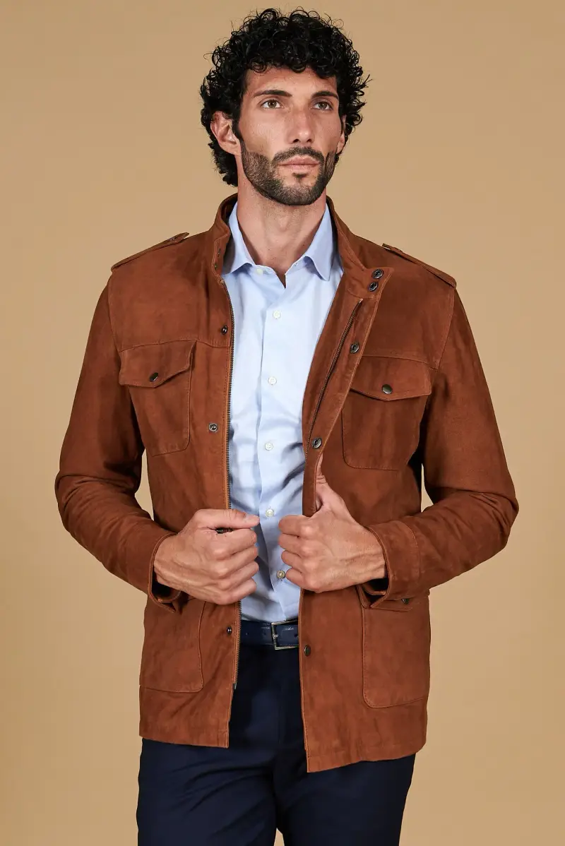 D Arienzo Sahariana camoscio color cuoio uomo con tasche applicate, Seleziona Cuoio