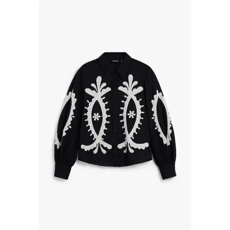 Camicia Maniche Lunghe Donna Nera Ricamo Nero