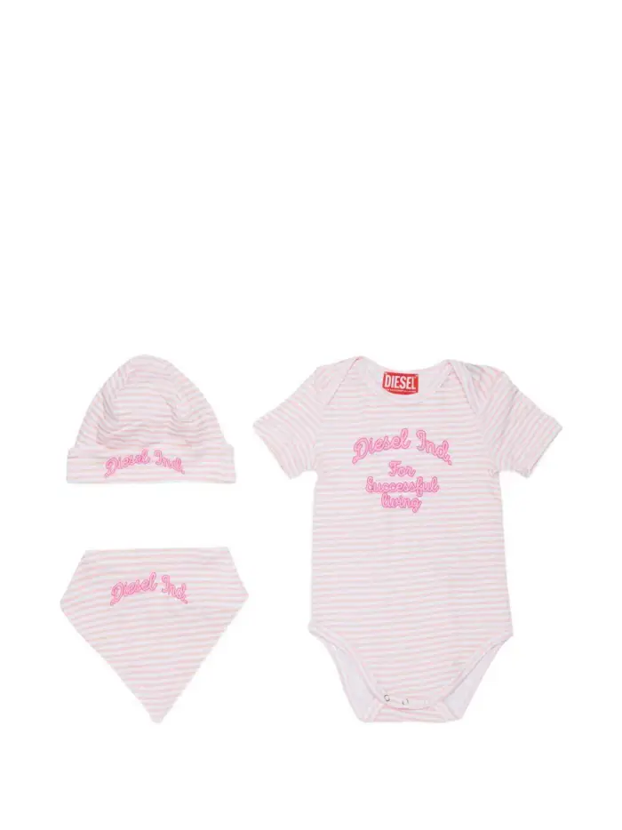 DIESEL KIDS Set neonato in cotone a righe con body, bavaglia e cappellino Rosa