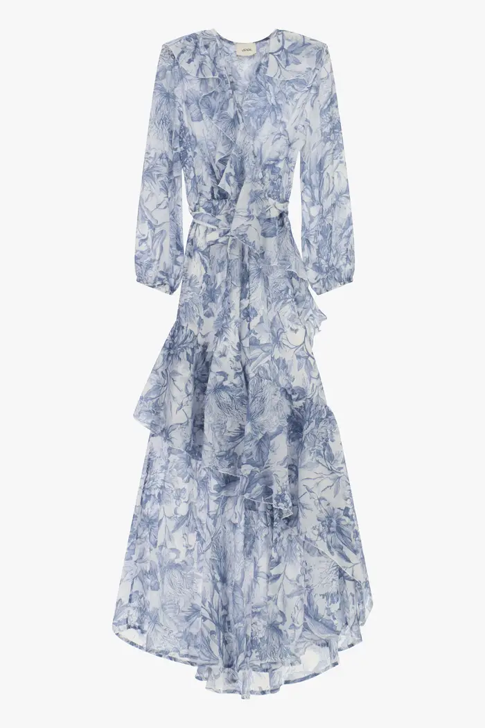 Abito lungo stampa floreale con volant e cintura