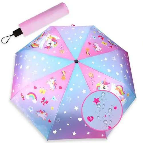 DPKOW Ombrello Unicorno, Ombrello per Bambini che Cambia Colore, Ombrello Pieghevole, Ombrellos per Bambini per Zaini