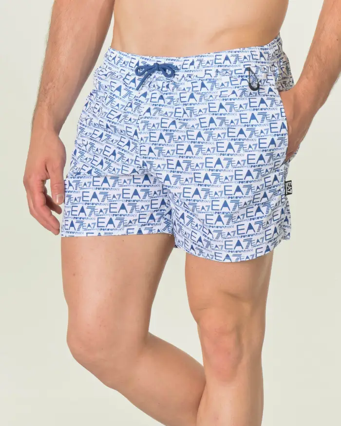 Boxer mare bianco con logo blu indaco stampato all over